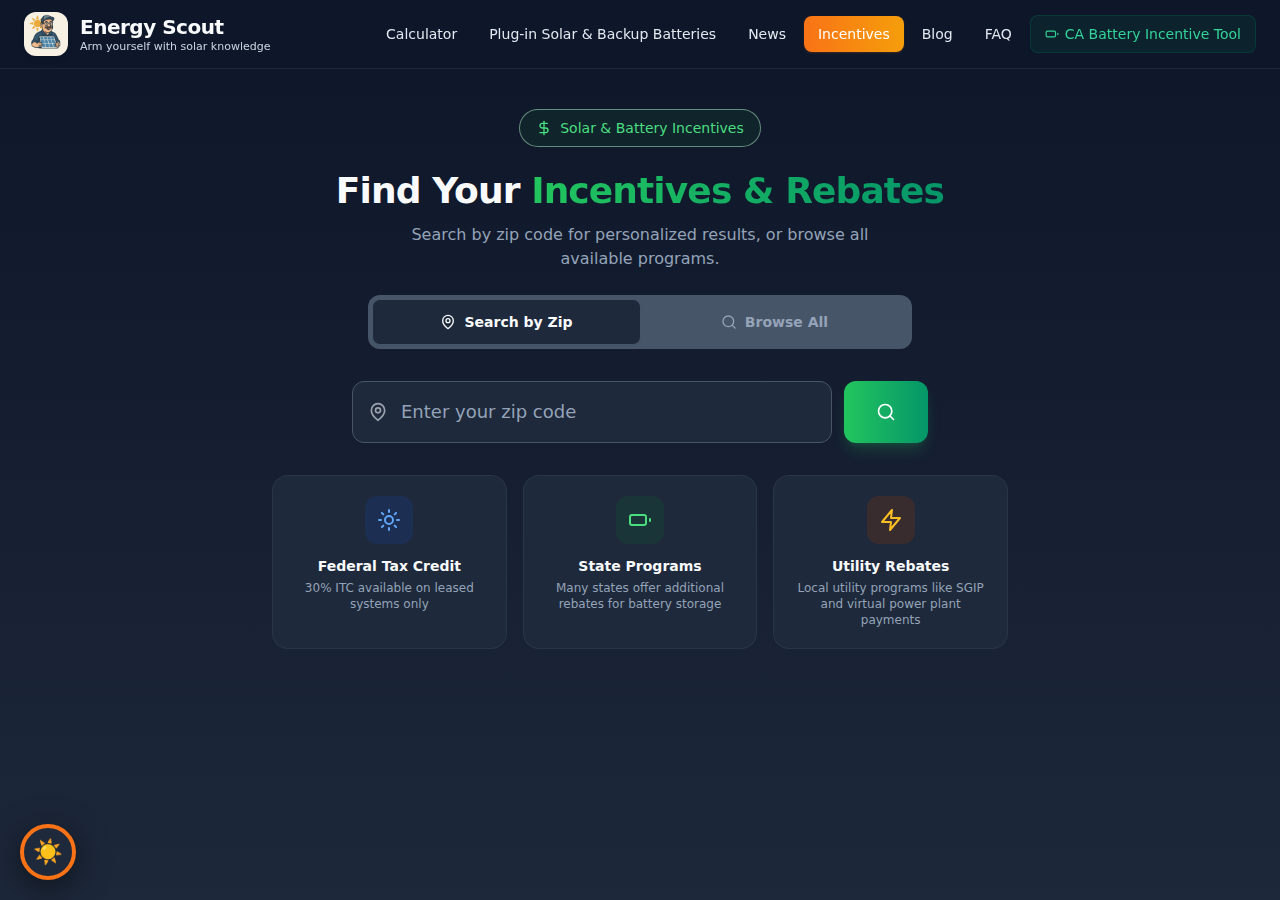 EnergyScout zip-code solar and battery incentive search tool