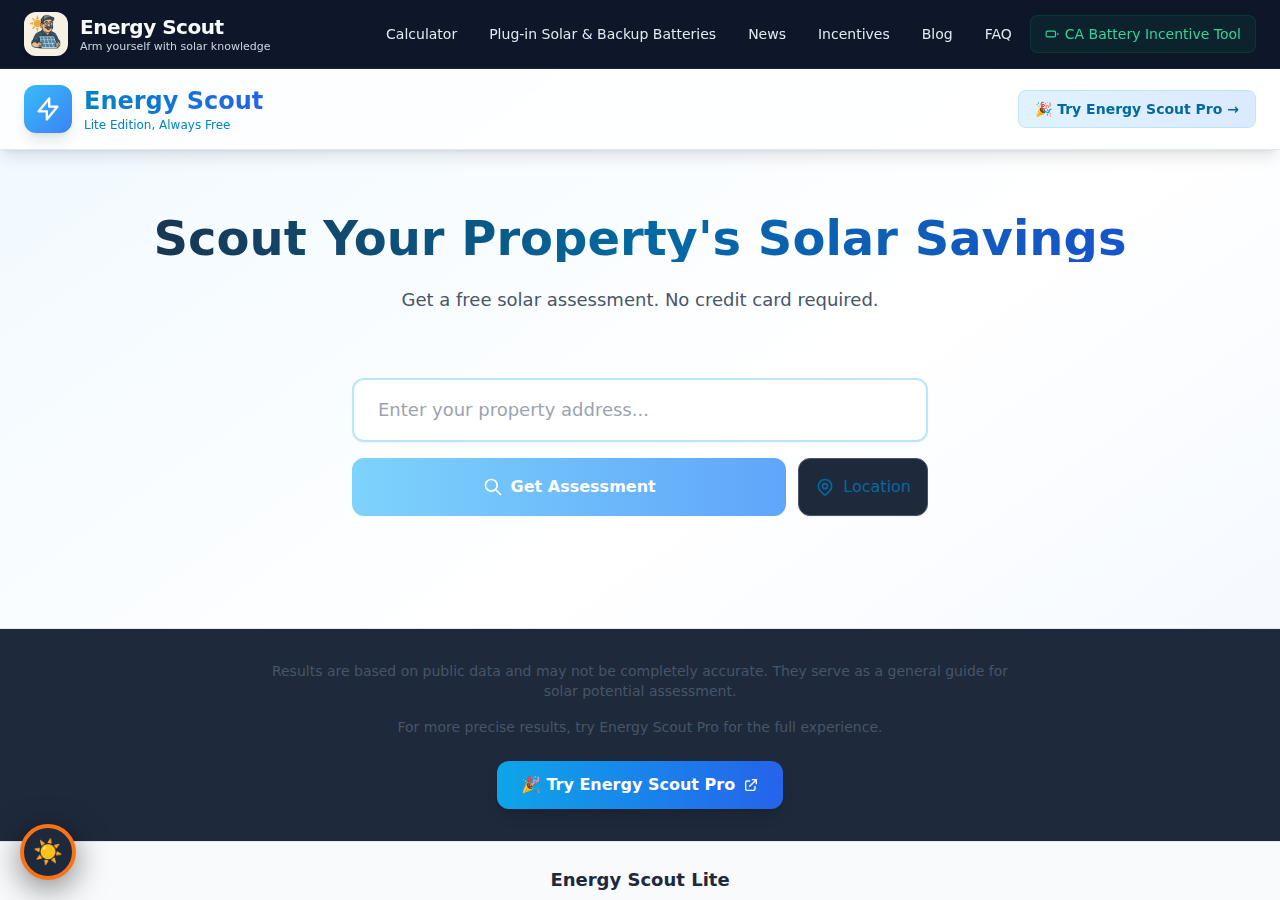 EnergyScout free solar assessment tool showing personalized savings estimates