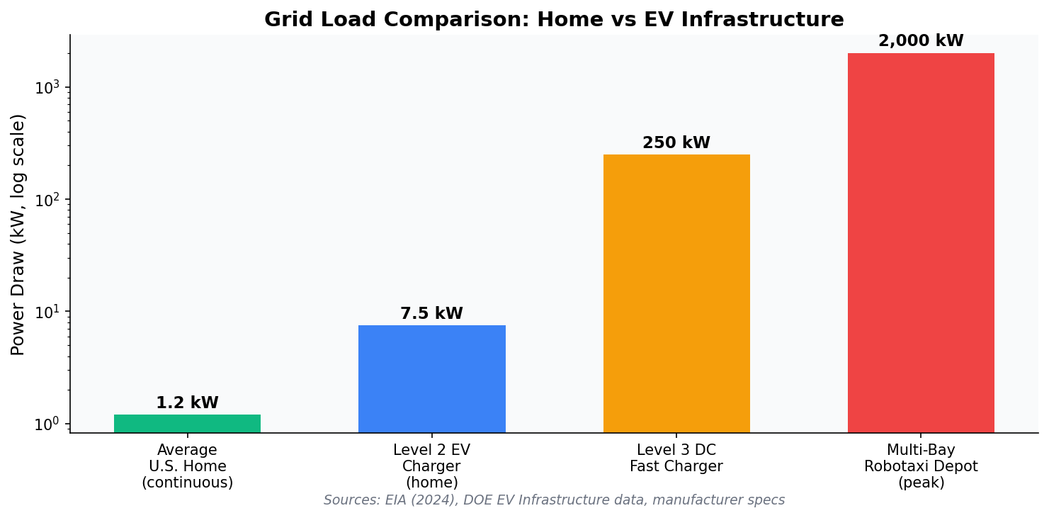 Grid load comparison: home vs EV chargers vs robotaxi depot