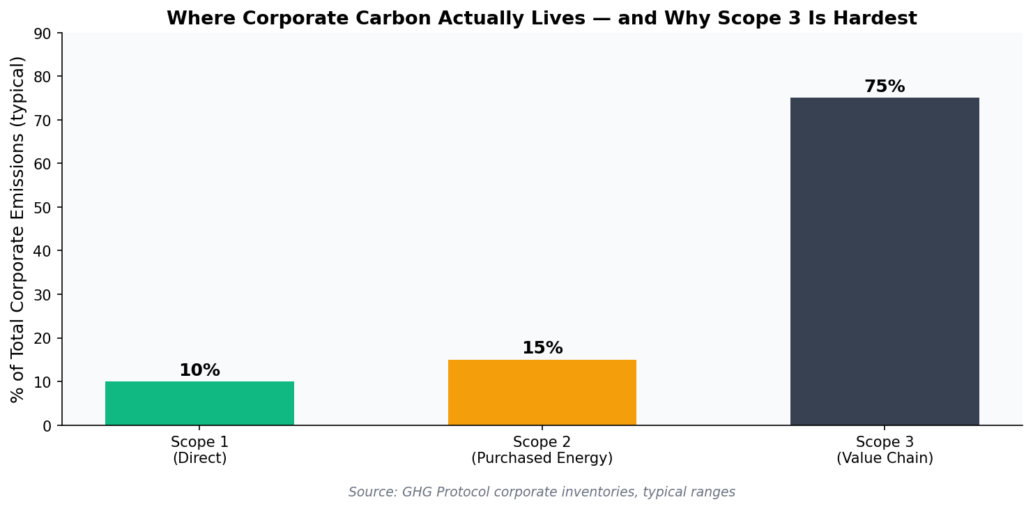 Bar chart showing Scope 1, 2, and 3 emissions share for typical corporations