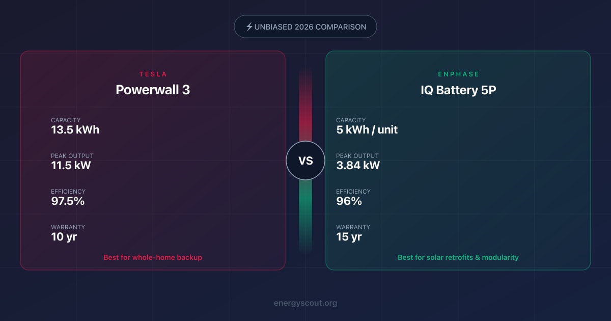 Tesla Powerwall 3 vs Enphase IQ Battery 5P — 2026 comparison of specs, cost, and warranty
